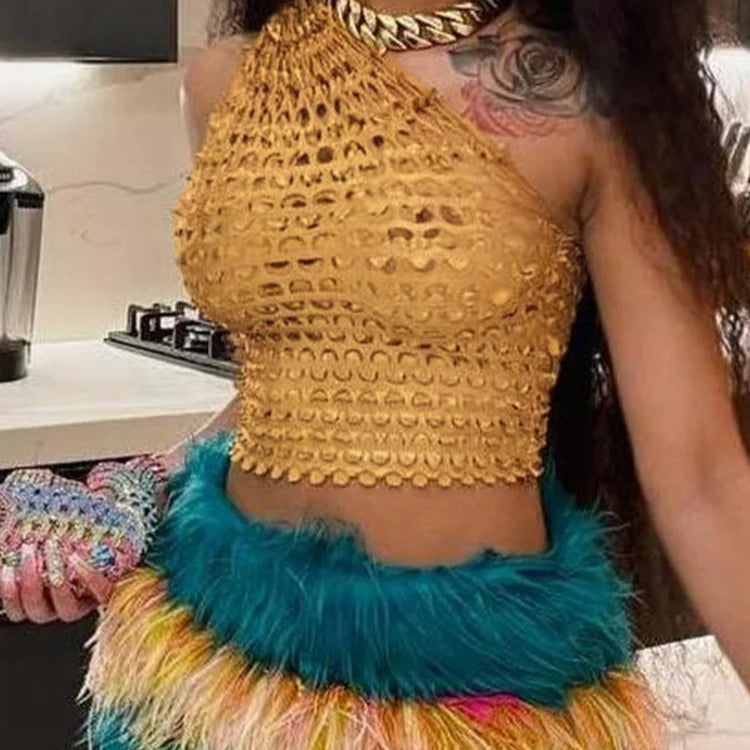 Golden Scales Single Shoulder Bling Party Club Crop Top