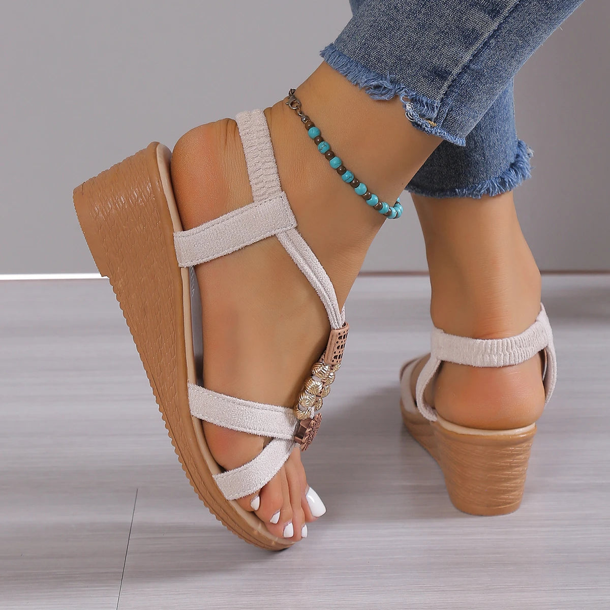 New Women Solid Color Ankle Buckle Wedge Sandals