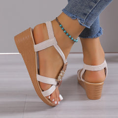 New Women Solid Color Ankle Buckle Wedge Sandals