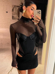 Women's Black Turtleneck Mesh Patchwork Long Sleeve Dress