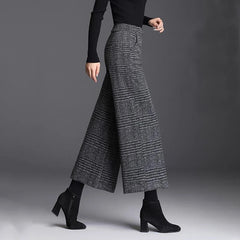 Autumn Winter Women's Woolen Plaid Wide Leg High Waist Pants