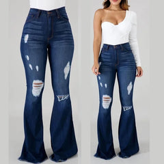 Pantalon en jean évasé taille haute avec détails déchirés pour femme 