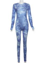 Autumn Tie-Dye Ribbed Jumpsuit for Women with Sporty O-Neck Design