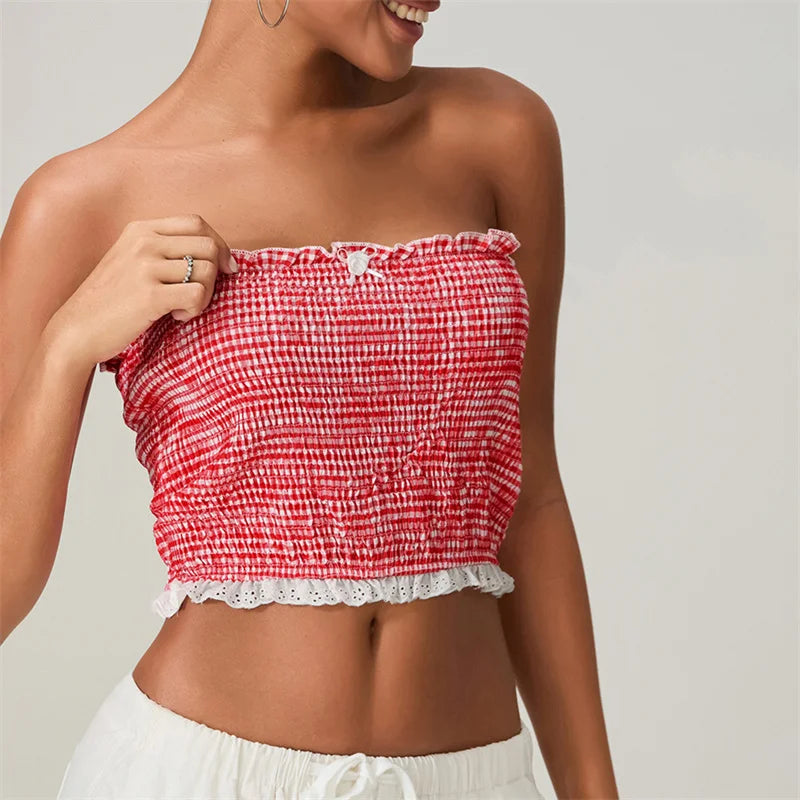 Women's Grunge Smocked Tube Top with Bow Lace Trim and Backless Design