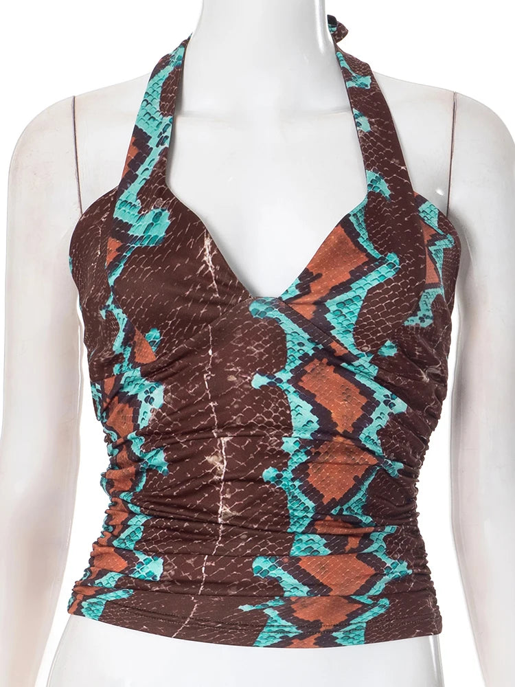 Panelled Y2K Women Tank Top with Snake Print and Backless Design