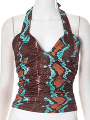 Panelled Y2K Women Tank Top with Snake Print and Backless Design