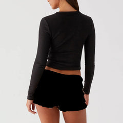 Women’s Knit Ribbed Button Front Long Sleeve Crop Top for Grunge Style