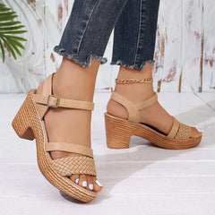 Women's Weave High Heels Sandals Thick Platform Ankle Strap Shoes