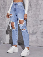 Jean slim ample taille haute à trous style rétro américain pour femme 