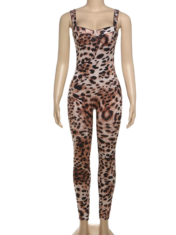 Leopard Print Sleeveless Jumpsuit for Women - Stretchy Workout Fit