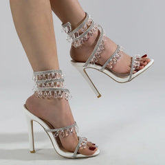 Women's White Rhinestone Ankle Strap Stiletto High Heel Sandals