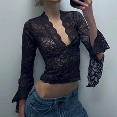 Deep V Lace Top with See-through Flare Sleeves for Party Outfits