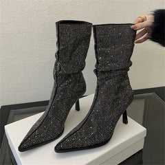 Autumn Winter Crystal Pointed Toe Ankle Boots for Women