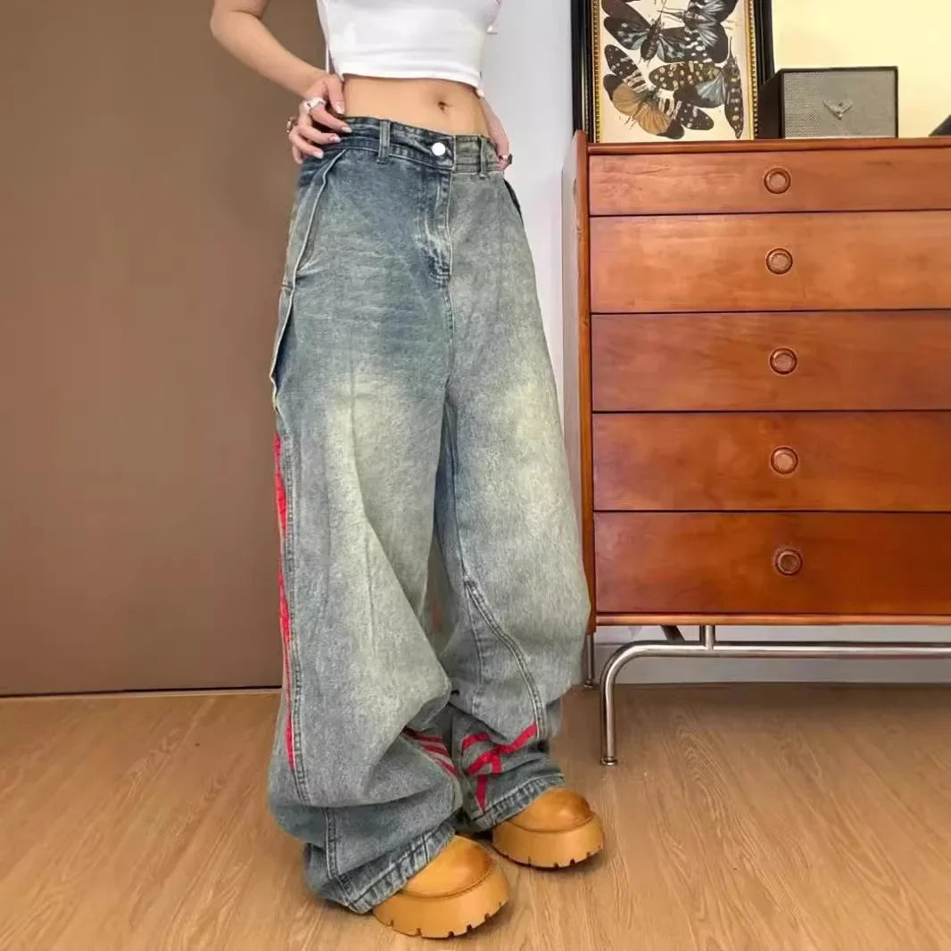 Women's Red Striped Stitching Baggy Pants