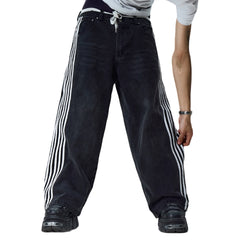 Women's Wide Leg Denim Pants with Side Stripes and Pockets