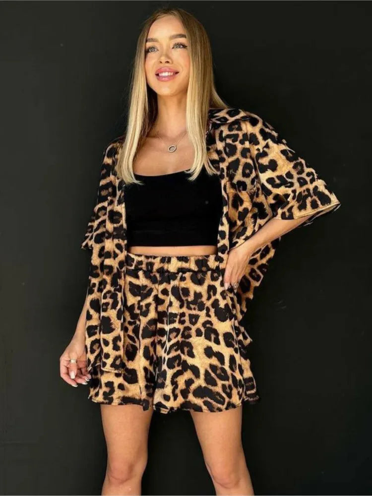 Women's Leopard Print Short-Sleeve Shirt and Shorts Suit Set