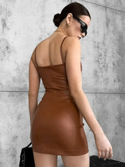 Women's Black Faux Leather Spaghetti Strap Sleeveless Dress