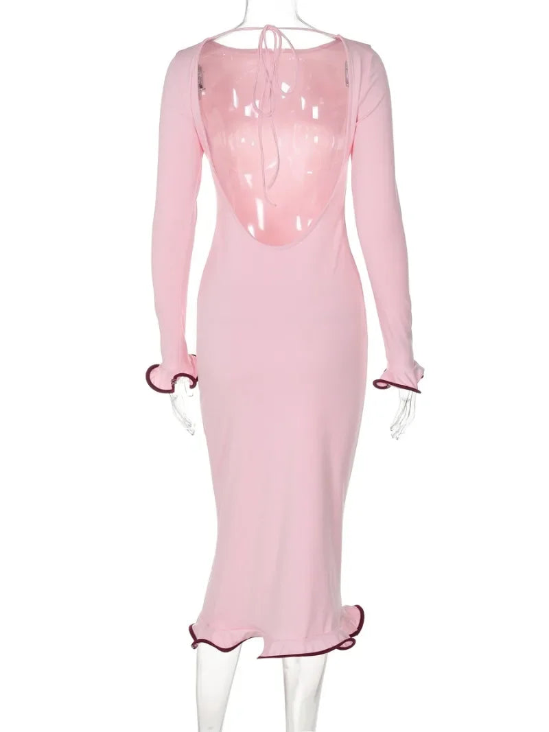 Robe mi-mollet élégante à volants et manches évasées pour femme
