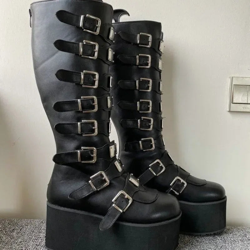 Bottes gothiques noires à talons hauts et plateformes compensées pour femmes 