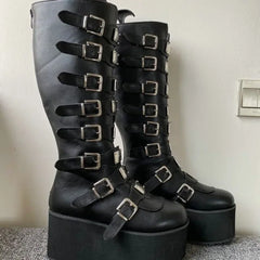 Women's Black High Heel Platform Wedge Gothic Knee-High Boots