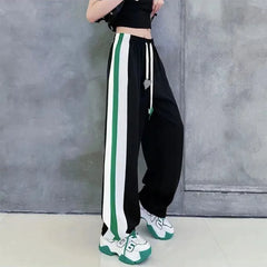 Women's Black Sports Pants with Pockets and Striped Drawstring