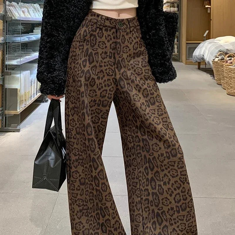 Women's Fashion Leopard Print Wide Leg High Waist Pants