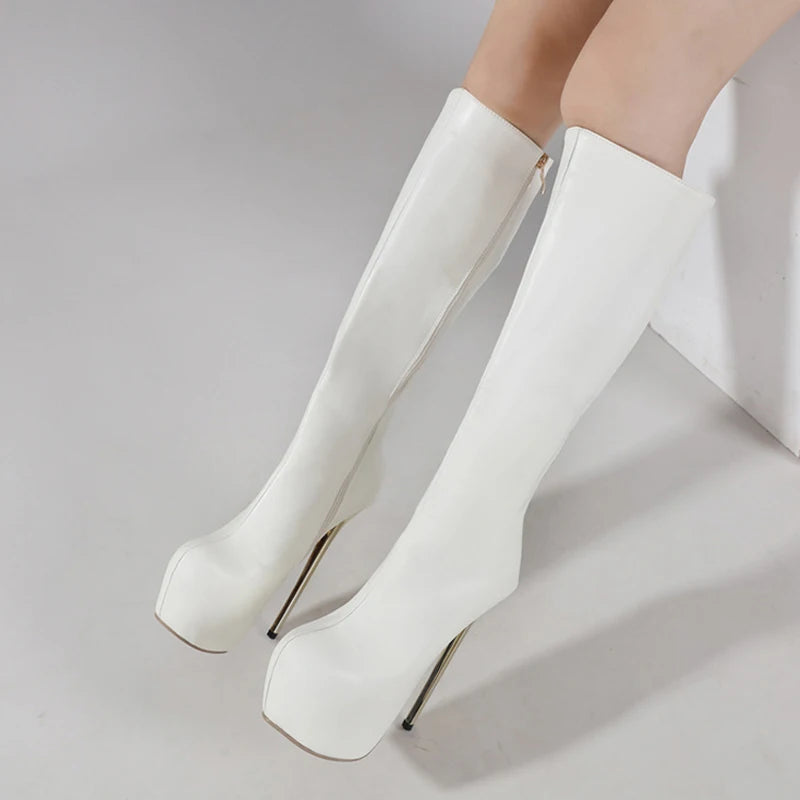 Women’s Round Toe Zip Platform Knee High Boots with Stiletto Heels