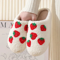 Winter Strawberry Pattern Women's Cotton Fluffy Slippers for Home