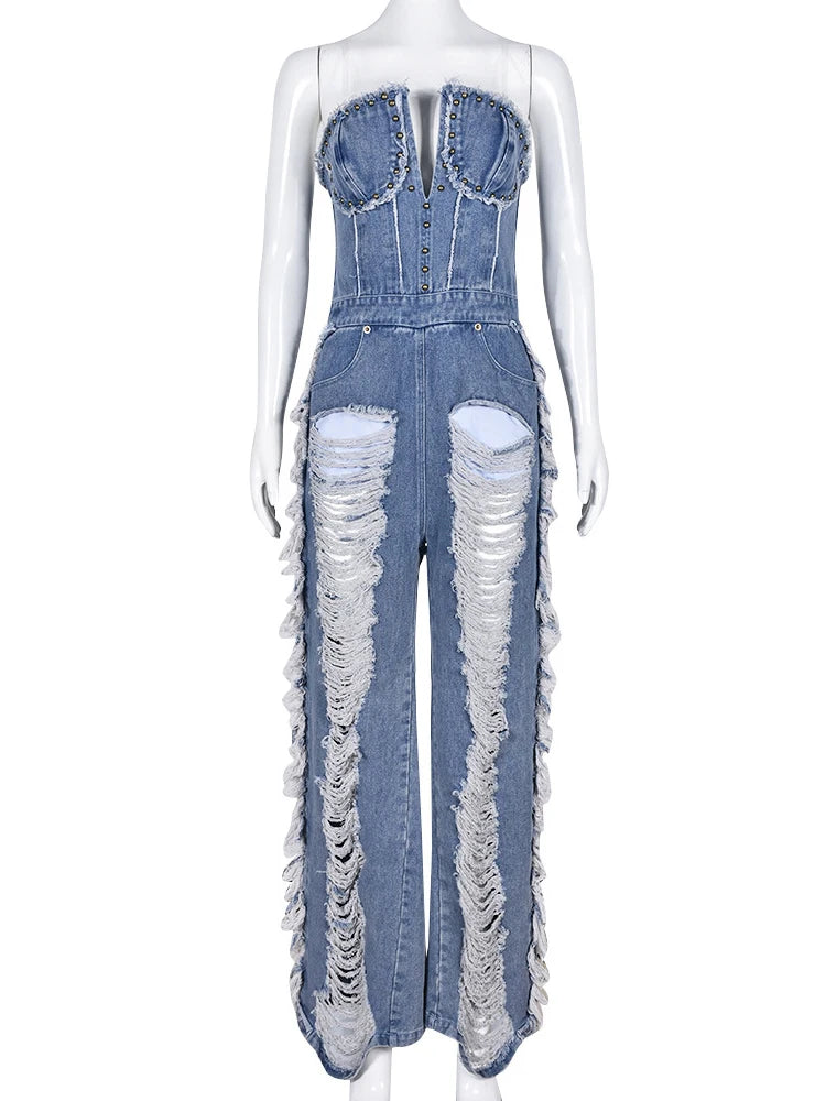 Tassel Hollow Out Overalls for Women with Studded Diamond Accents