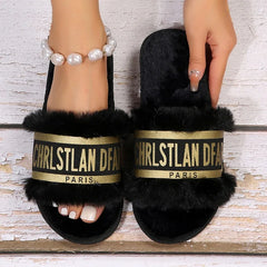 Women's Plush Metal Flat Cotton Slippers for Comfortable Home Use