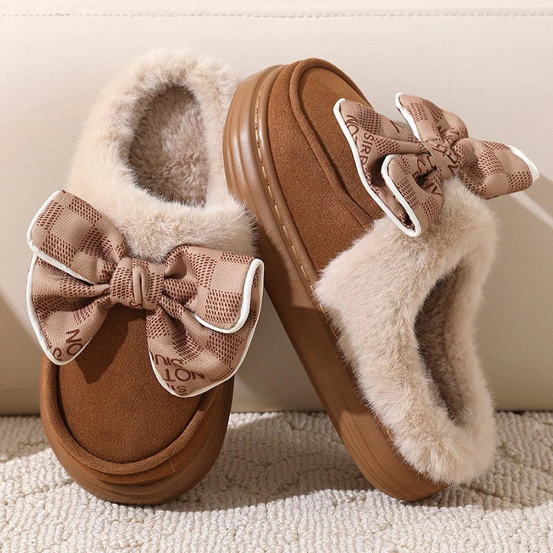 Chaussons en peluche pour femmes avec nœud mignon pour l'automne et l'hiver