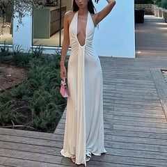 Deep V Halter Neck Long Dress for Luxurious Evening Events