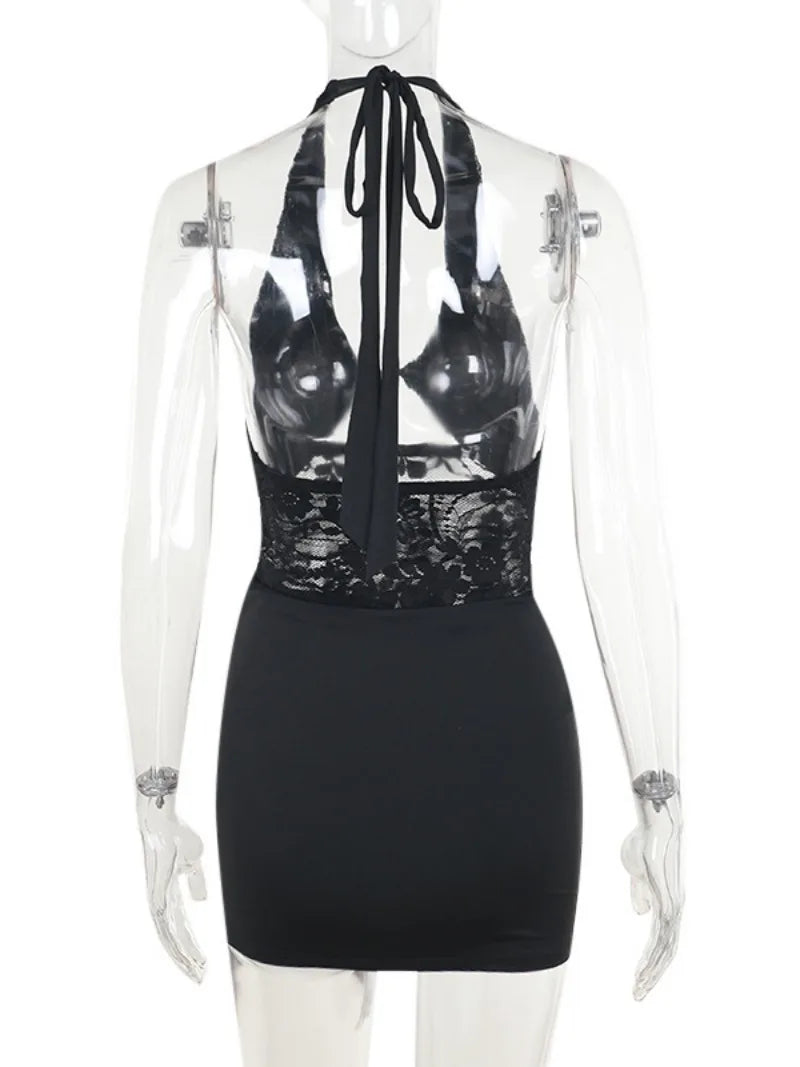 Chic Black Halter Lace Patchwork Mini Dress with Off Shoulder Style