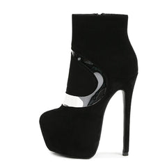 Women's Black High Heels Ankle Boots with Round Toe and Zip Closure