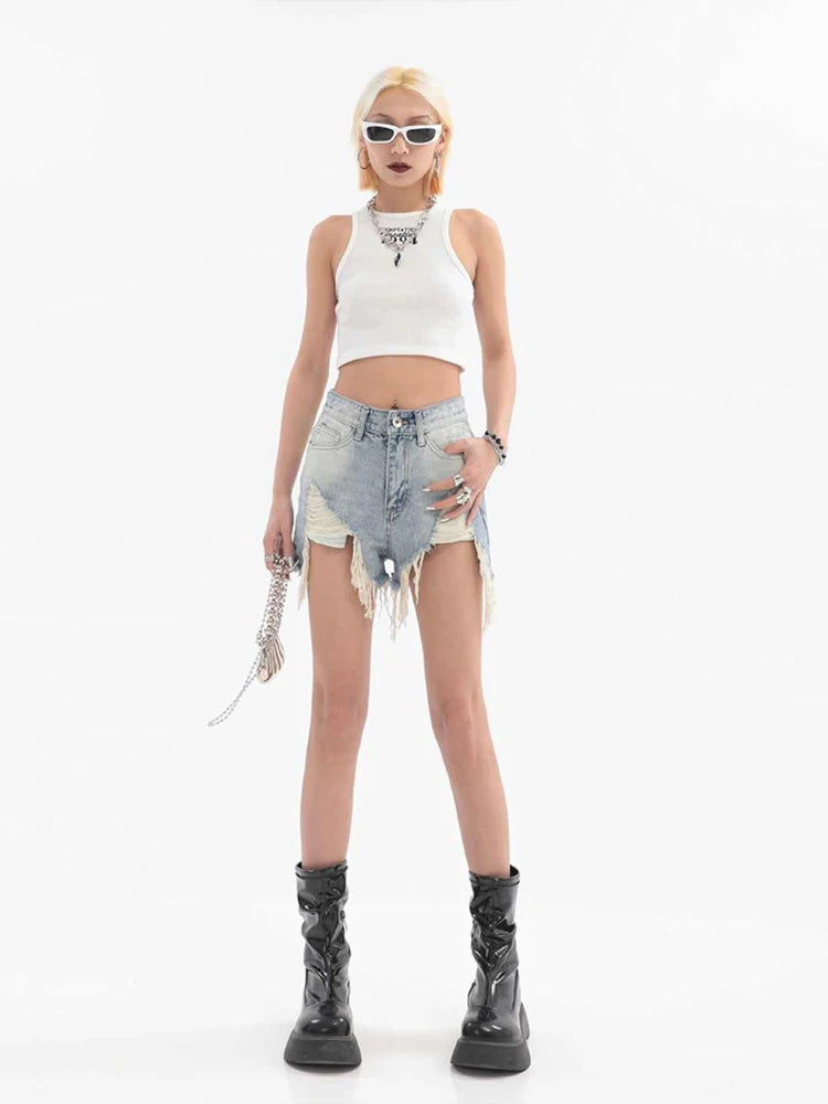 High Waist Ripped Denim Jean Shorts with Tassels for Women