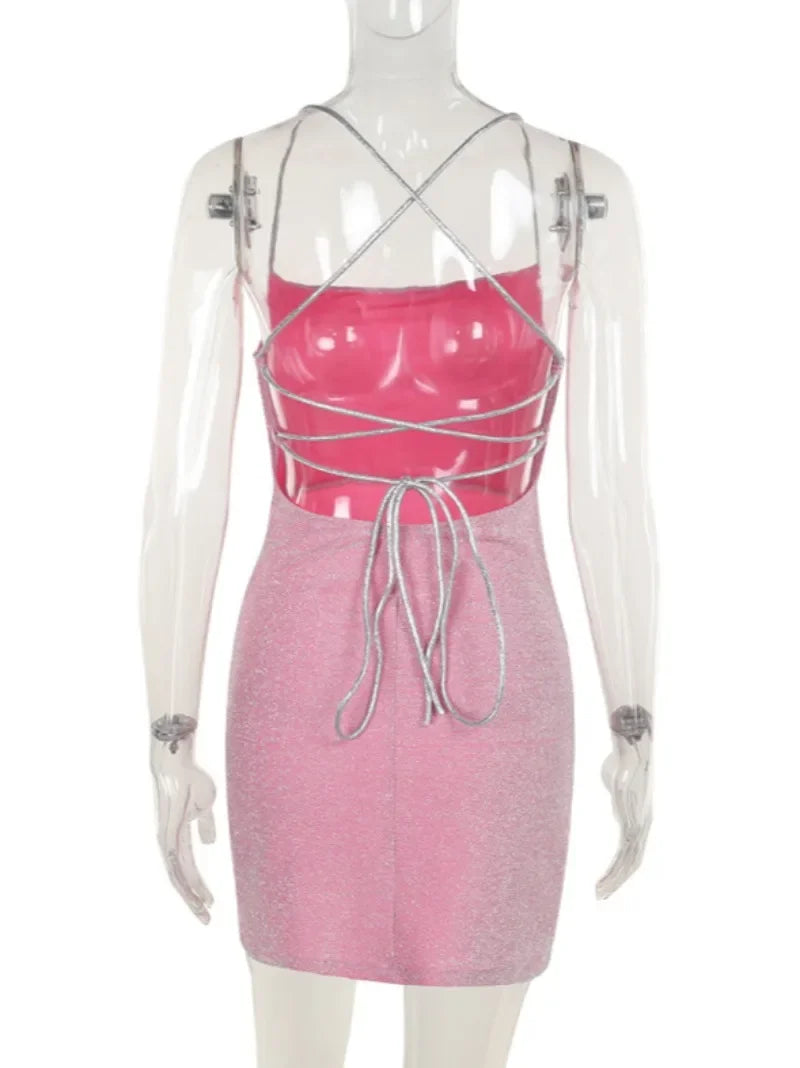 Pink Spaghetti Strap Lace-Up Mini Dress with Backless Design