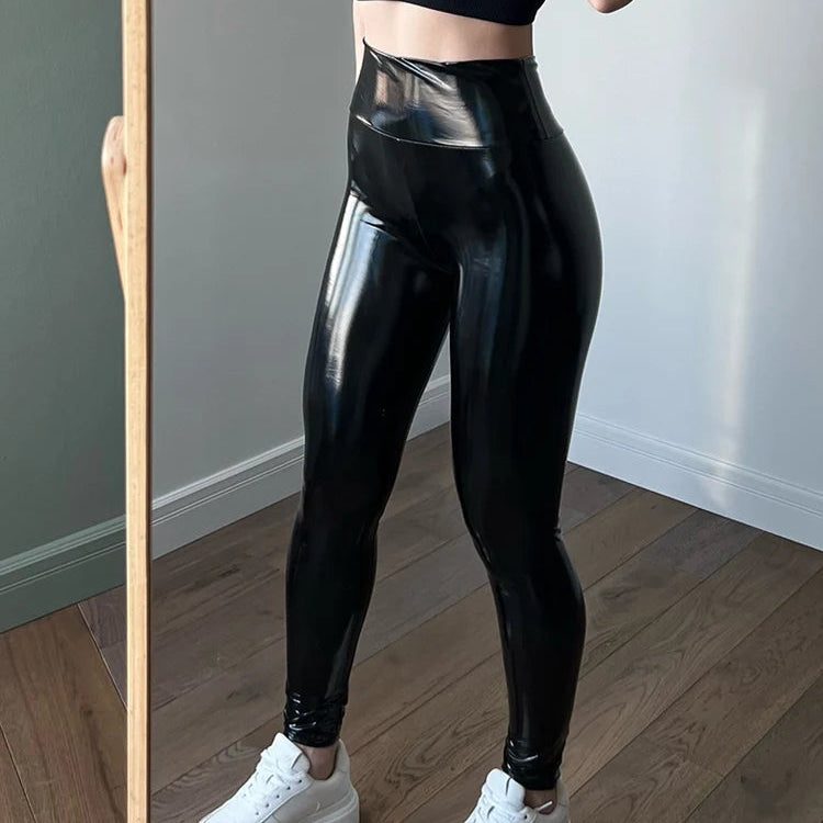 Spring Black Colorful Mirror Leather Skinny Leggings for Women