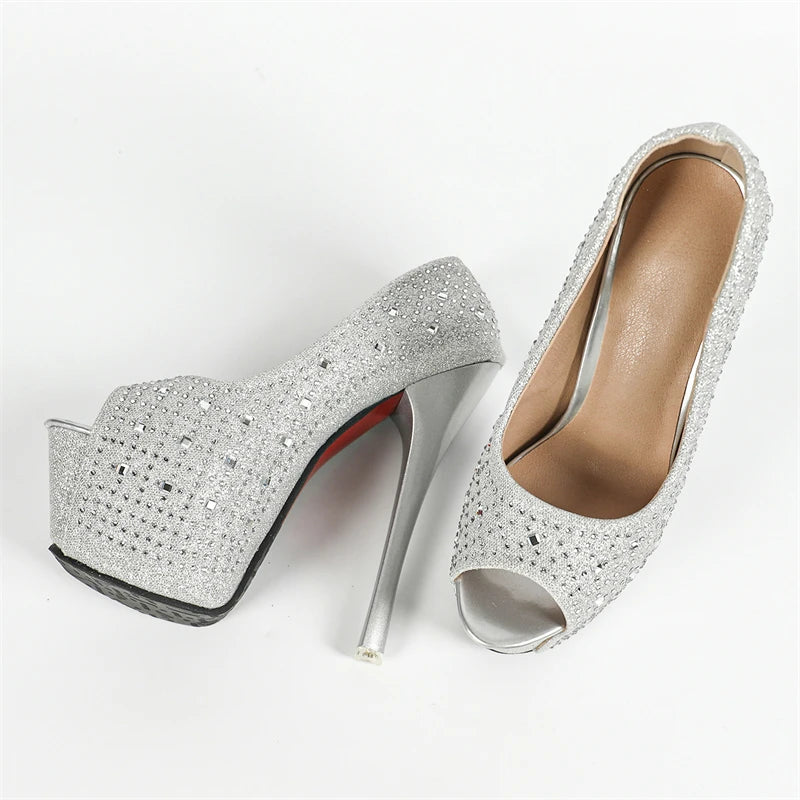 Spring Platform Women Pumps Sequined Cloth Peep Toe Mule Shoes