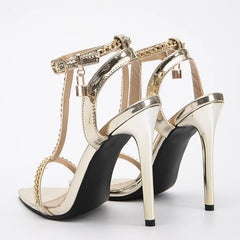 Gold Metal Chain Stripper Heels Sandals for Women - Pointed Toe Style