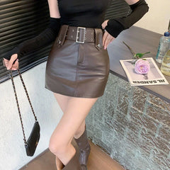 Women's High Waist Black PU Leather A-Line Mini Skirt