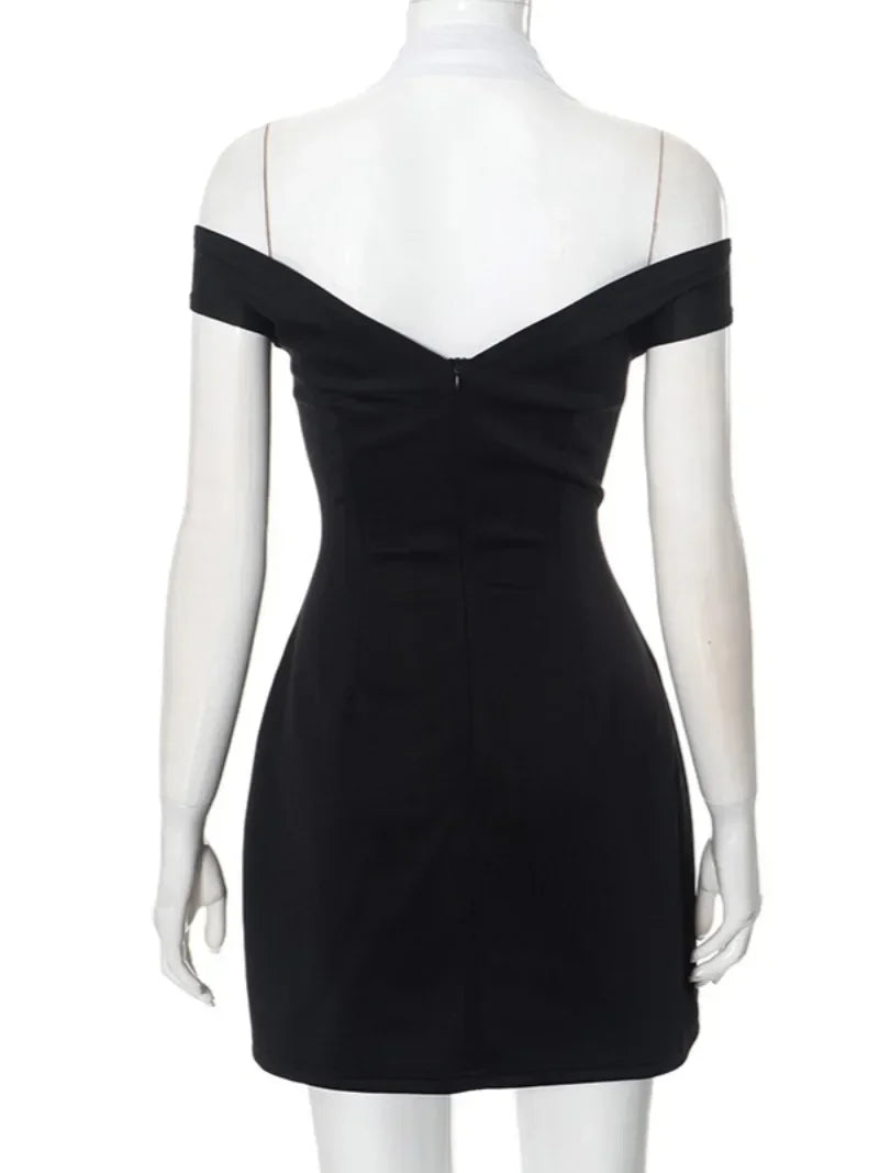Halter Neck Backless Black and White Patchwork Evening Dress