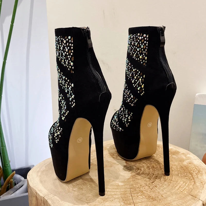 Bottines à bout ouvert en maille strass pour femmes avec talons hauts 