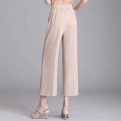 Women's Ice Silk Wide Leg Trousers with Button Pockets and Drape Style