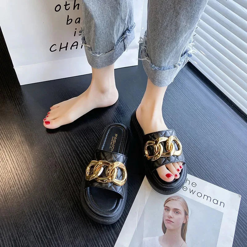 Women's Summer Casual Thick Bottom Slippers with Metal Buckle