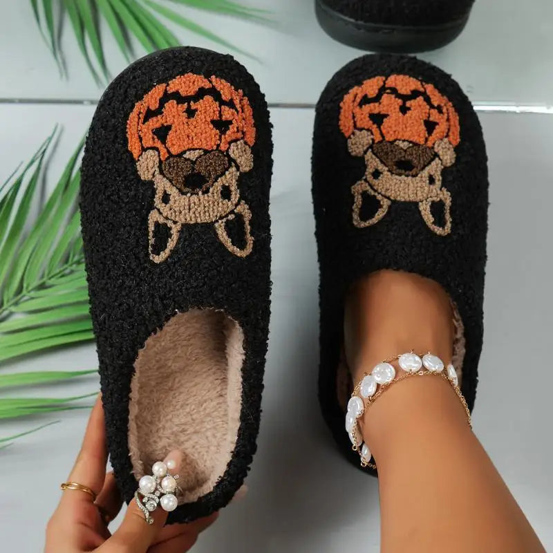 Chaussons d'intérieur chauds en peluche à imprimés multiples pour femmes avec semelle souple