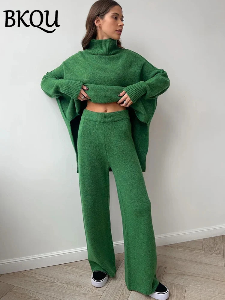 Ensemble pull à col roulé ample et chaud et pantalon à jambe large pour femme 