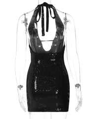Fashion Halter Black Sequins Party Dress with Deep V-neck Backless