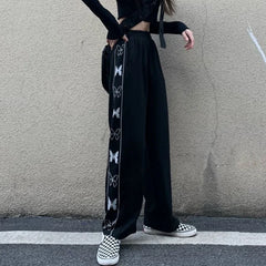 Butterfly Print Black Loose High Waist Wide Leg Trousers