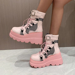 Women's Black Ankle Boots Platform Wedges High Heels Cosplay Shoes