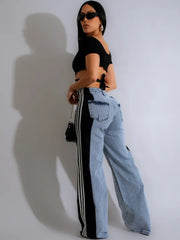 Women’s Striped Denim Loose Pants with Buttons and Pockets